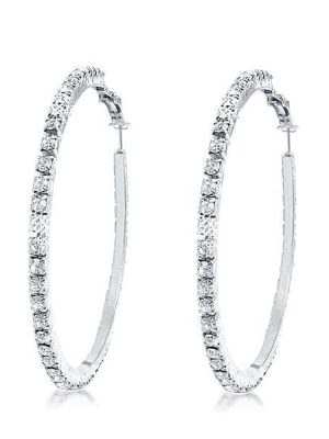 925 Sterling Silver Round Cut Hoop Earrings with White Stone, Rhodium Plated