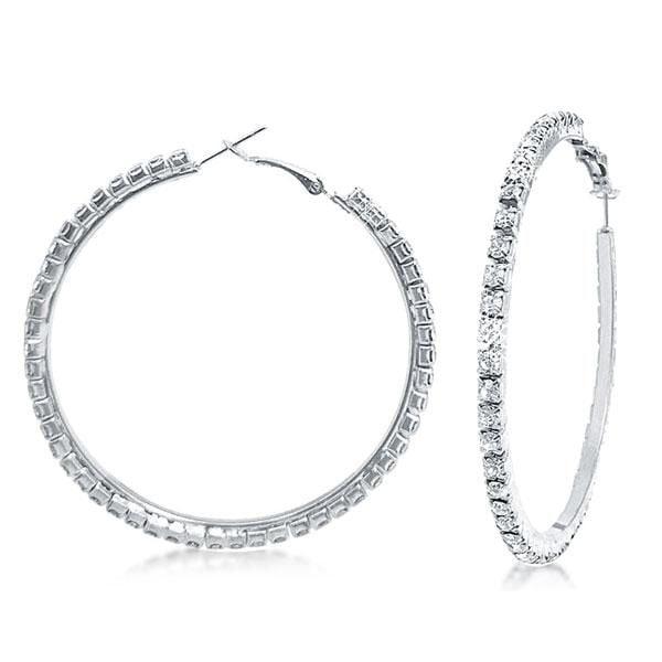 925 Sterling Silver Round Cut Hoop Earrings with White Stone, Rhodium Plated