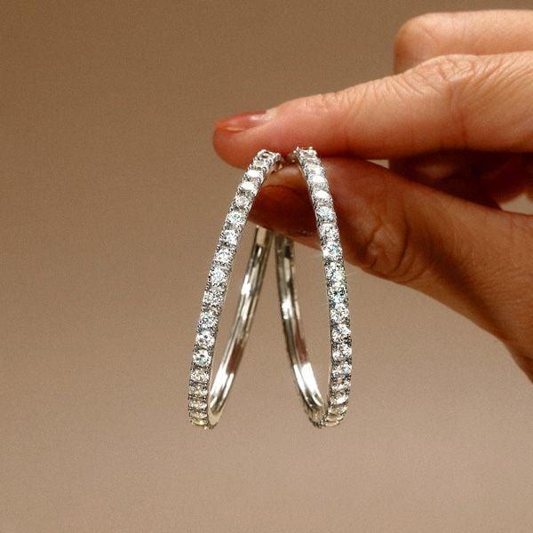 925 Sterling Silver Round Cut Hoop Earrings with White Stone, Rhodium Plated