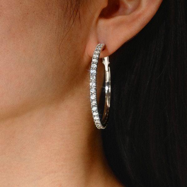 925 Sterling Silver Round Cut Hoop Earrings with White Stone, Rhodium Plated