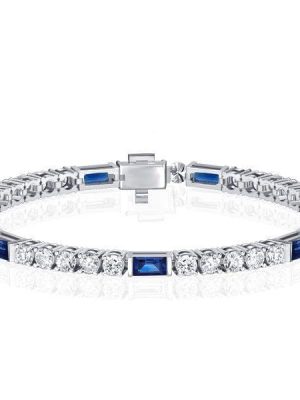 Art Deco Blue Sapphire Tennis Bracelet, Round Cut, 925 Sterling Silver