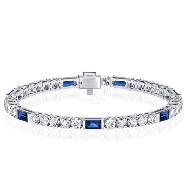 Art Deco Blue Sapphire Tennis Bracelet, Round Cut, 925 Sterling Silver