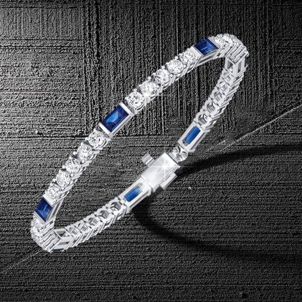 Art Deco Blue Sapphire Tennis Bracelet, Round Cut, 925 Sterling Silver