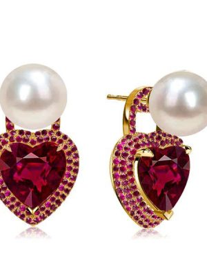 Heart Cut Pearl & Ruby Stud Earrings - 18K Gold Plated Sterling Silver