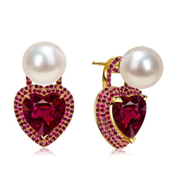 Heart Cut Pearl & Ruby Stud Earrings - 18K Gold Plated Sterling Silver