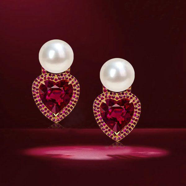 Heart Cut Pearl & Ruby Stud Earrings - 18K Gold Plated Sterling Silver