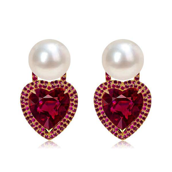 Heart Cut Pearl & Ruby Stud Earrings - 18K Gold Plated Sterling Silver