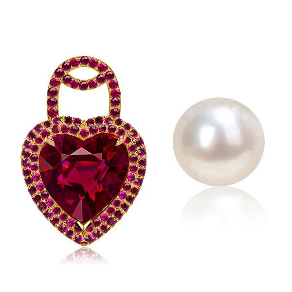 Heart Cut Pearl & Ruby Stud Earrings - 18K Gold Plated Sterling Silver
