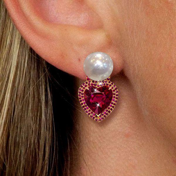 Heart Cut Pearl & Ruby Stud Earrings - 18K Gold Plated Sterling Silver