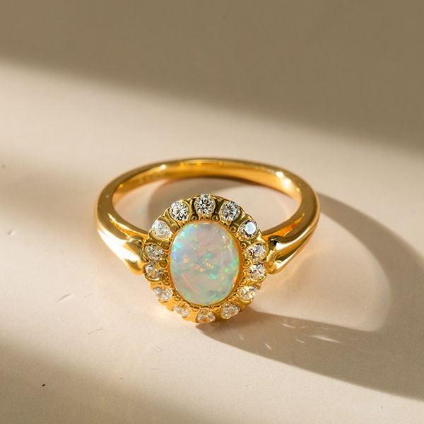 Vintage Milgrain Opal Halo Engagement Ring for Women in Sterling Silver