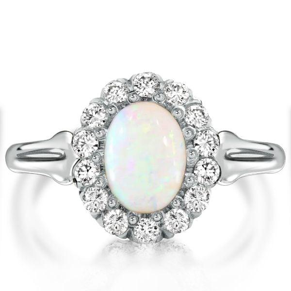 Vintage Milgrain Opal Halo Engagement Ring for Women in Sterling Silver