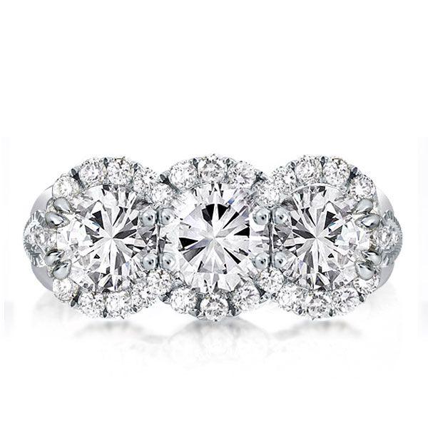 Halo Round Cut Three Stone Engagement Ring - 925 Sterling Silver, 3.5 CT TW