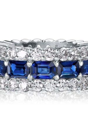 Emerald, White & Blue Cubic Zirconia Triple Row Eternity Wedding Band in Sterling Silver