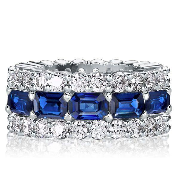 Emerald, White & Blue Cubic Zirconia Triple Row Eternity Wedding Band in Sterling Silver