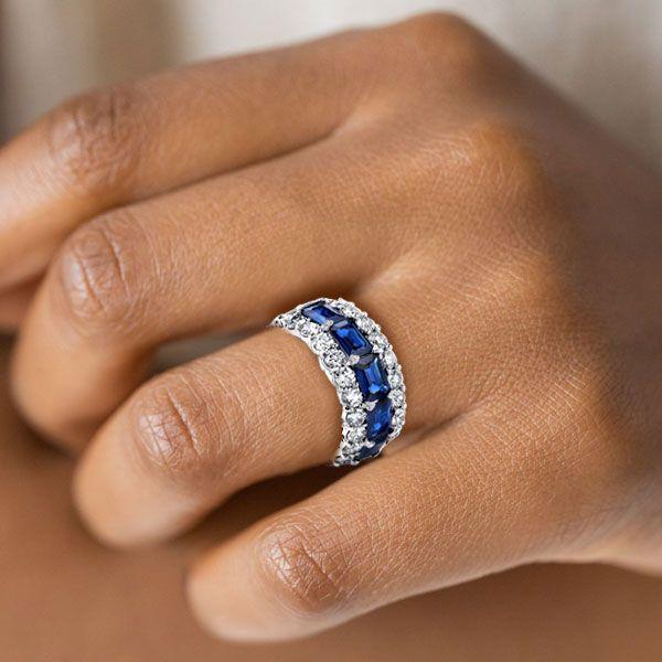 Emerald, White & Blue Cubic Zirconia Triple Row Eternity Wedding Band in Sterling Silver