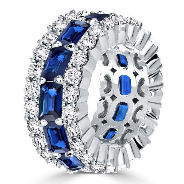 Emerald, White & Blue Cubic Zirconia Triple Row Eternity Wedding Band in Sterling Silver