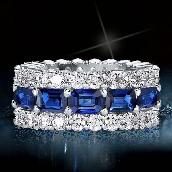 Emerald, White & Blue Cubic Zirconia Triple Row Eternity Wedding Band in Sterling Silver