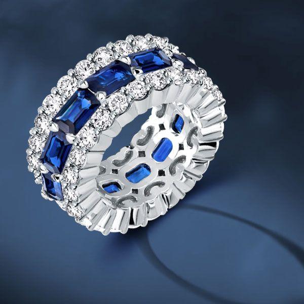 Emerald, White & Blue Cubic Zirconia Triple Row Eternity Wedding Band in Sterling Silver
