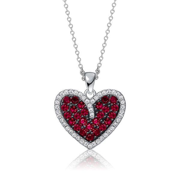Two-Tone Garnet Heart Pendant Necklace - 925 Sterling Silver