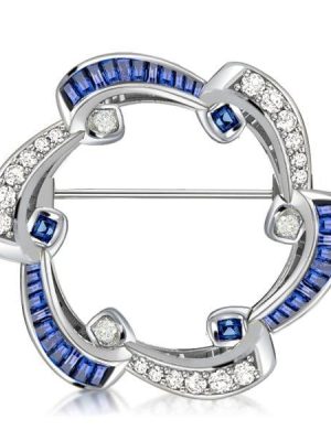 Vintage Blue Sapphire Wreath Brooch in Rhodium Plated 925 Sterling Silver