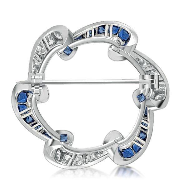 Vintage Blue Sapphire Wreath Brooch in Rhodium Plated 925 Sterling Silver