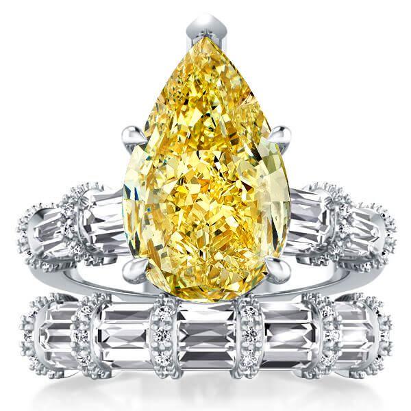 Yellow Topaz Pear Bridal Set - Ribbon Design Sterling Silver Ring - 9.00 CT TW