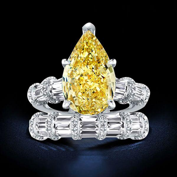 Yellow Topaz Pear Bridal Set - Ribbon Design Sterling Silver Ring - 9.00 CT TW