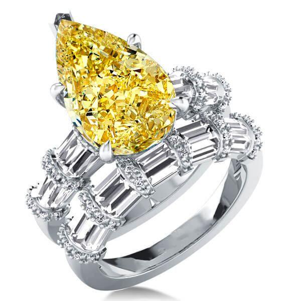Yellow Topaz Pear Bridal Set - Ribbon Design Sterling Silver Ring - 9.00 CT TW