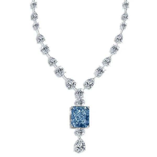 Radiant Cut Blue Topaz Pendant Necklace in Rhodium Plated 925 Sterling Silver