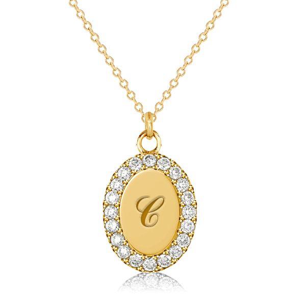 Personalized Oval Signet Initial Necklace - Sterling Silver Pave Pendant