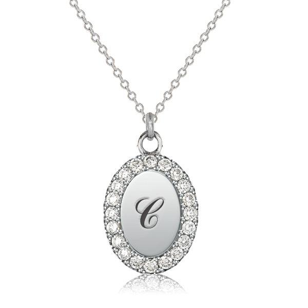 Personalized Oval Signet Initial Necklace - Sterling Silver Pave Pendant