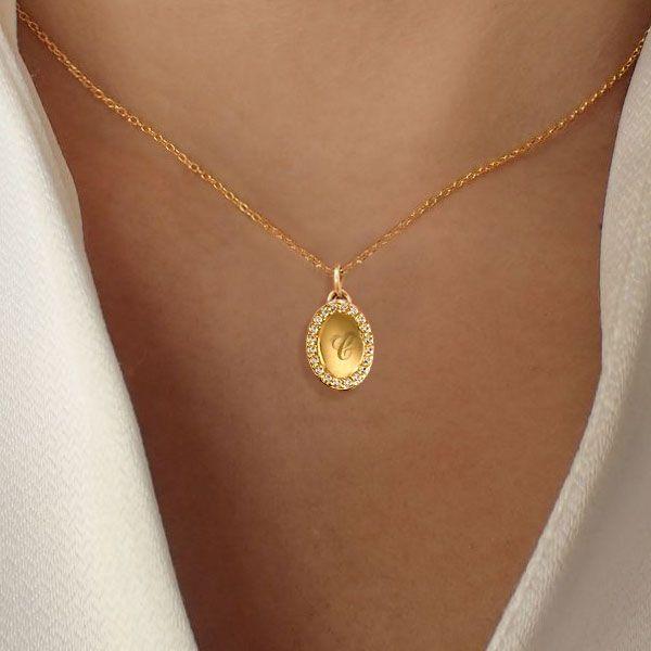 Personalized Oval Signet Initial Necklace - Sterling Silver Pave Pendant