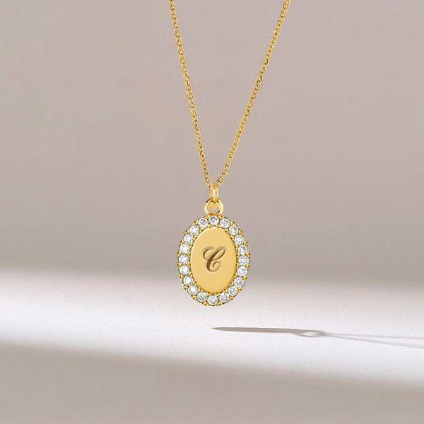 Personalized Oval Signet Initial Necklace - Sterling Silver Pave Pendant