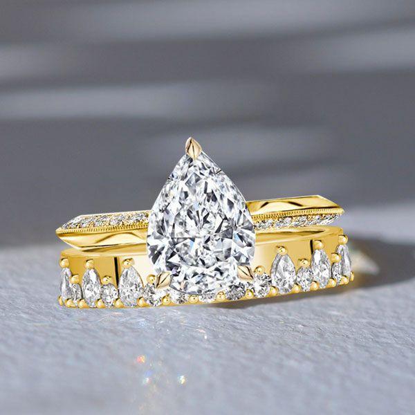 Golden Pear Cut Engagement Ring Set - 18K Gold Plated Sterling Silver