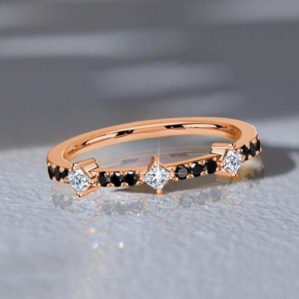 18K Rose Gold Plated Princess Cut Black Sapphire Thin Wedding Band Ring