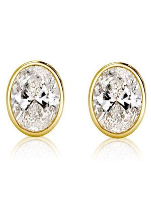 18K Gold Plated Oval Cut Stud Earrings - Bezel Set, Sterling Silver