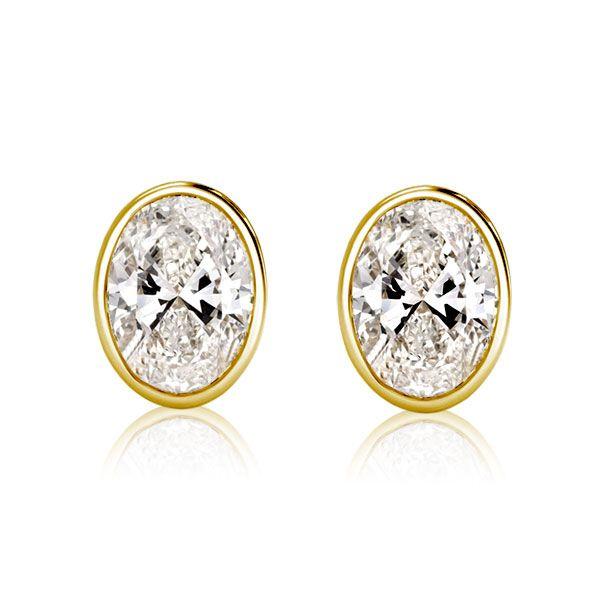 18K Gold Plated Oval Cut Stud Earrings - Bezel Set, Sterling Silver