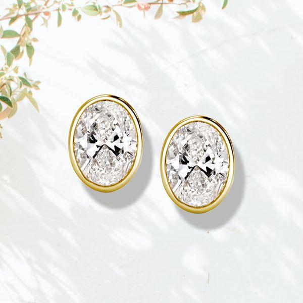 18K Gold Plated Oval Cut Stud Earrings - Bezel Set, Sterling Silver