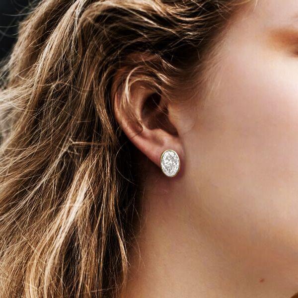 18K Gold Plated Oval Cut Stud Earrings - Bezel Set, Sterling Silver
