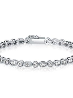 Milgrain Round Cut Cubic Zirconia Tennis Bracelet in Sterling Silver - Wedding & Special Occasion