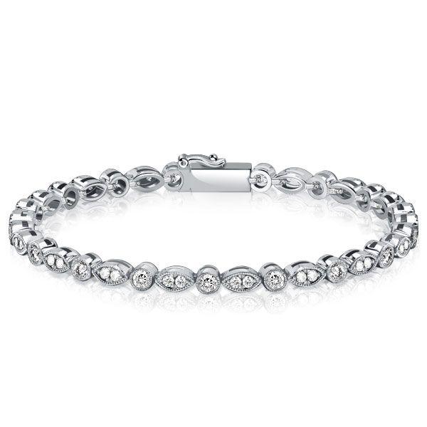 Milgrain Round Cut Cubic Zirconia Tennis Bracelet in Sterling Silver - Wedding & Special Occasion