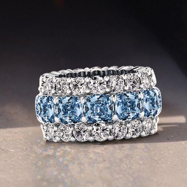 Cushion Cut Blue Sapphire & Blue Topaz 925 Sterling Silver Wedding Ring for Women