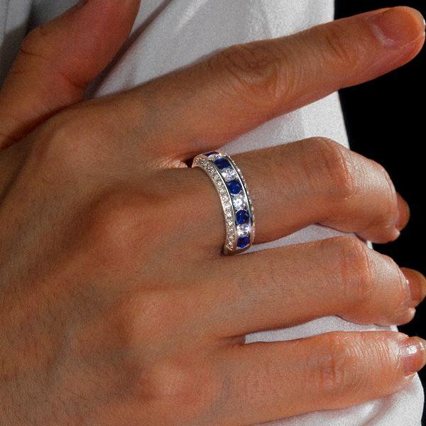 White and Blue Sapphire 3-Sided Half Eternity Band in Sterling Silver, 1.35 CT. TW.
