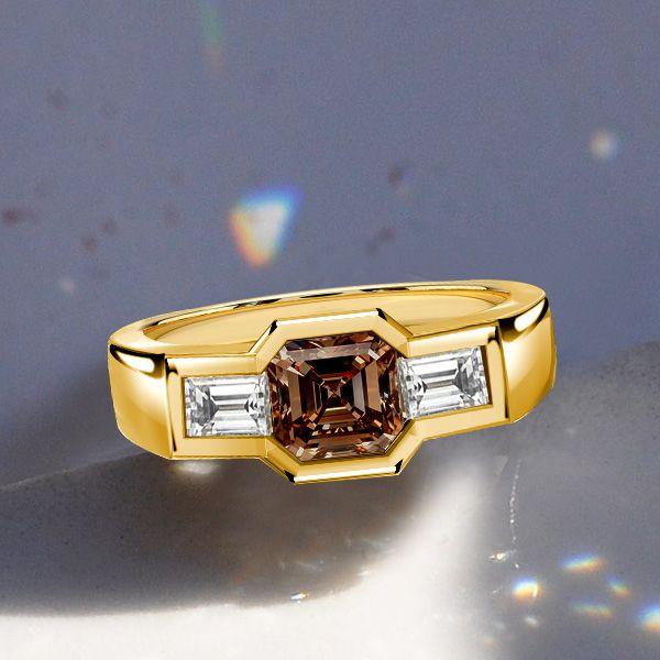 Golden Brown Sapphire Asscher Cut 3-Stone Engagement Ring - 18K Gold Plated Sterling Silver