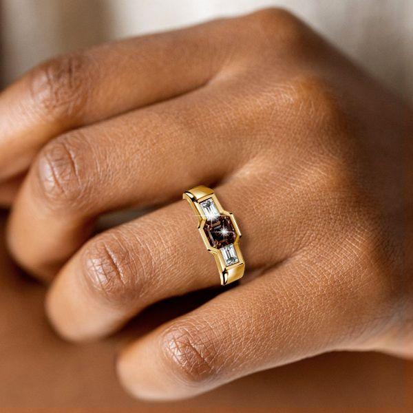 Golden Brown Sapphire Asscher Cut 3-Stone Engagement Ring - 18K Gold Plated Sterling Silver