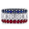 Blue Sapphire, Emerald Cut Ruby Eternity Band Ring in 925 Sterling Silver