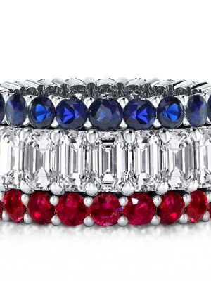 Blue Sapphire, Emerald Cut Ruby Eternity Band Ring in 925 Sterling Silver