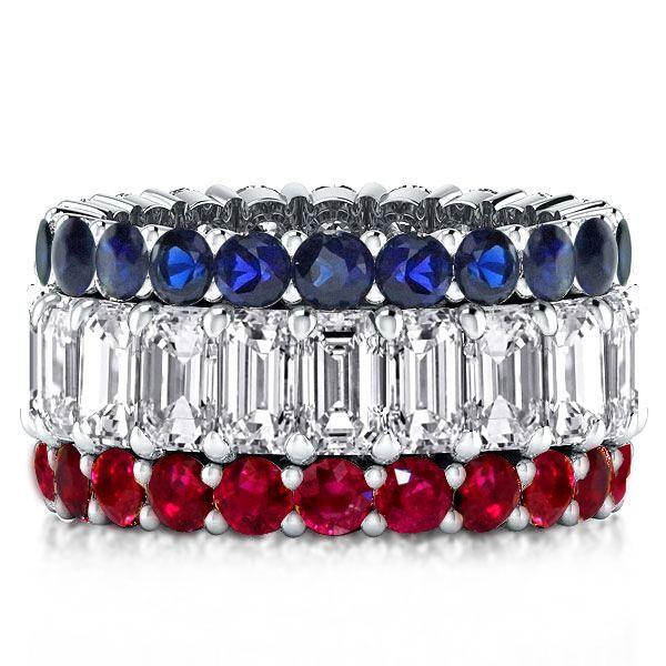 Blue Sapphire, Emerald Cut Ruby Eternity Band Ring in 925 Sterling Silver