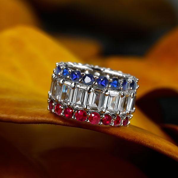Blue Sapphire, Emerald Cut Ruby Eternity Band Ring in 925 Sterling Silver