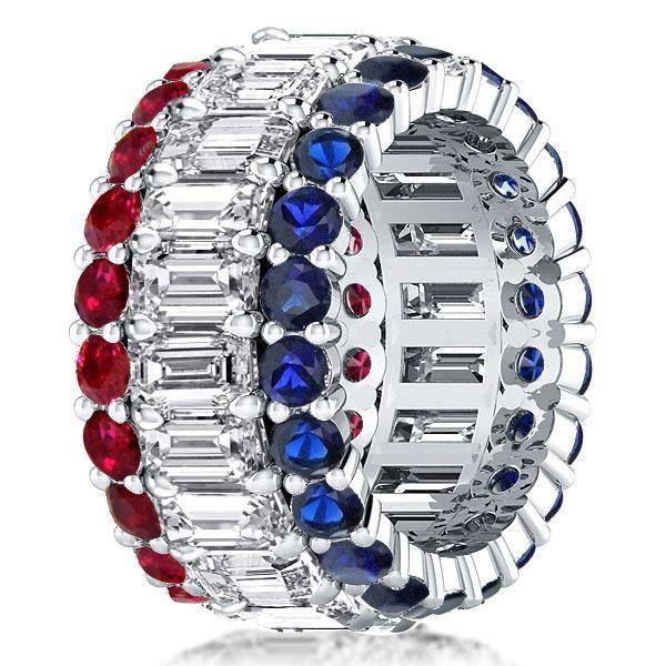 Blue Sapphire, Emerald Cut Ruby Eternity Band Ring in 925 Sterling Silver